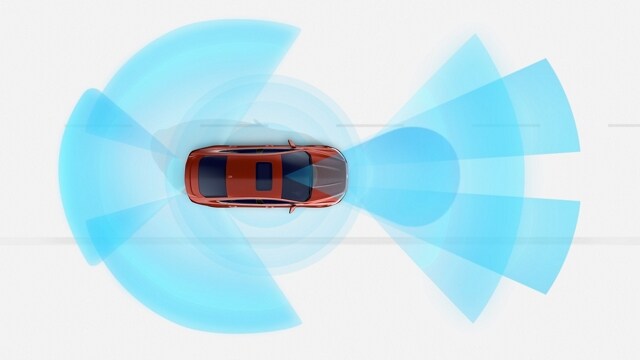 2020 Ford Fusion seen overhead with blue highlights displaying the areas that are aided by co pilot 3 60