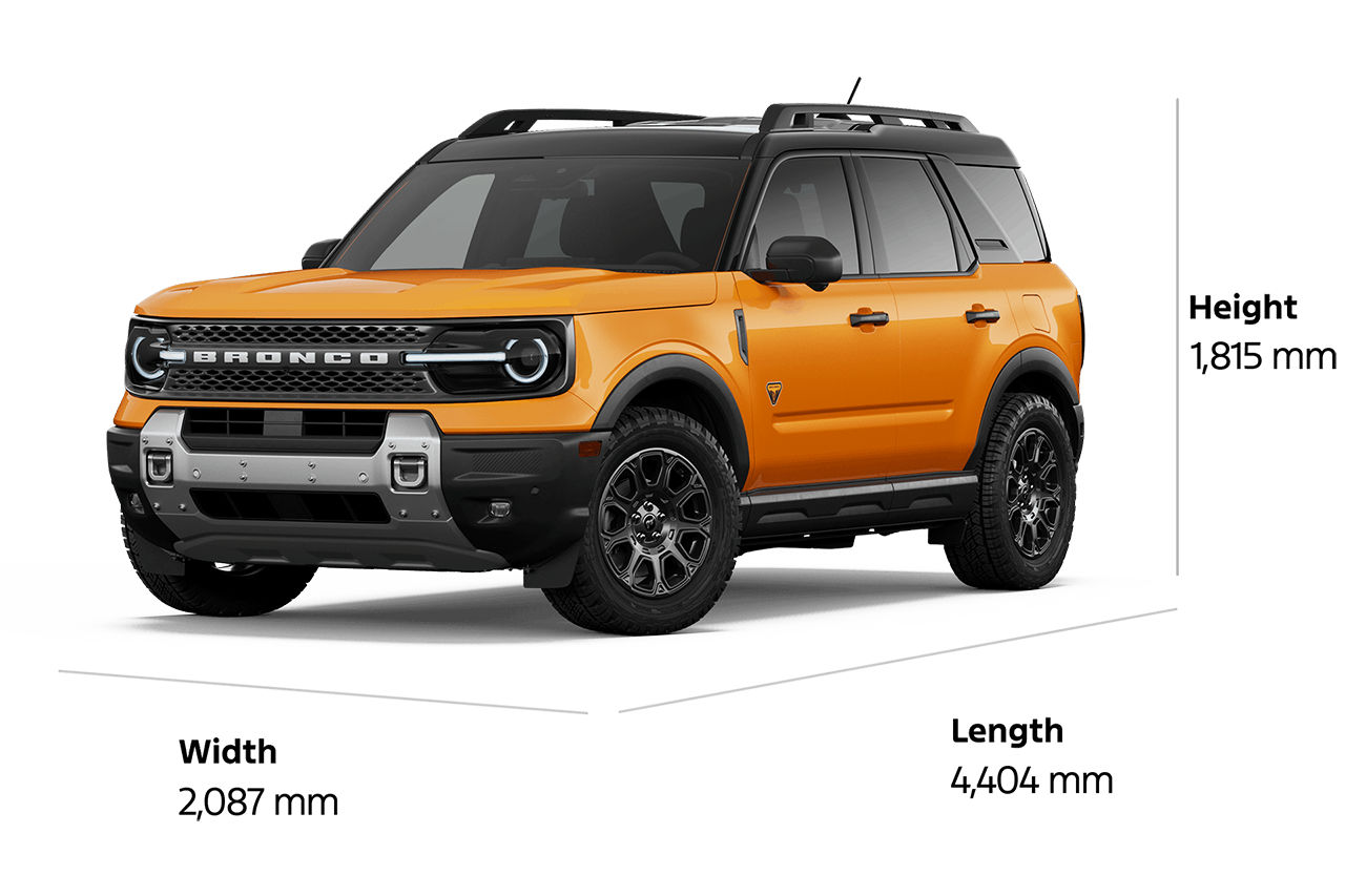 2026 Ford Bronco Sport® Badlands® model shown with dimensions drawn around the vehicle
