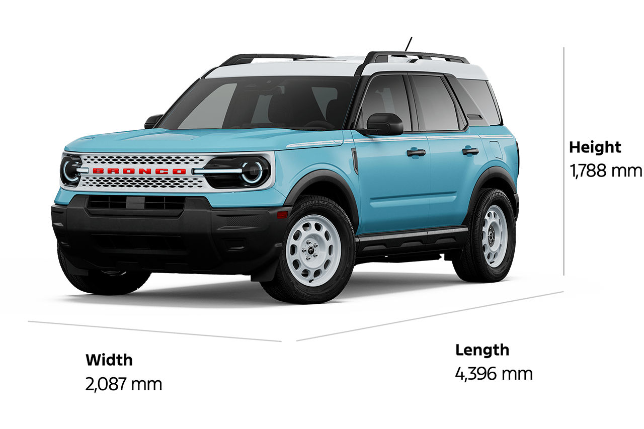 2026 Ford Bronco Sport® Heritage model shown with dimensions drawn around the vehicle