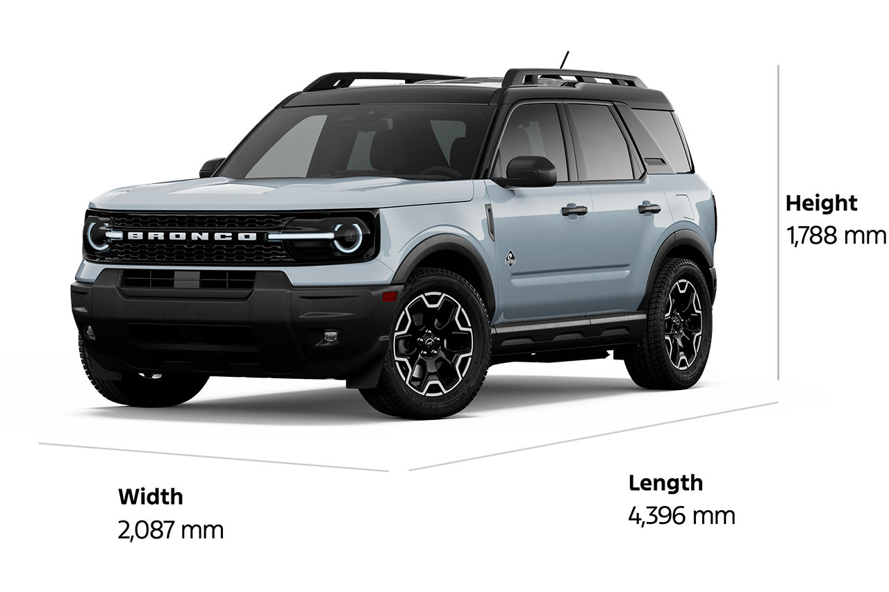 2026 Ford Bronco Sport® Outer Banks® model shown with dimensions drawn around the vehicle