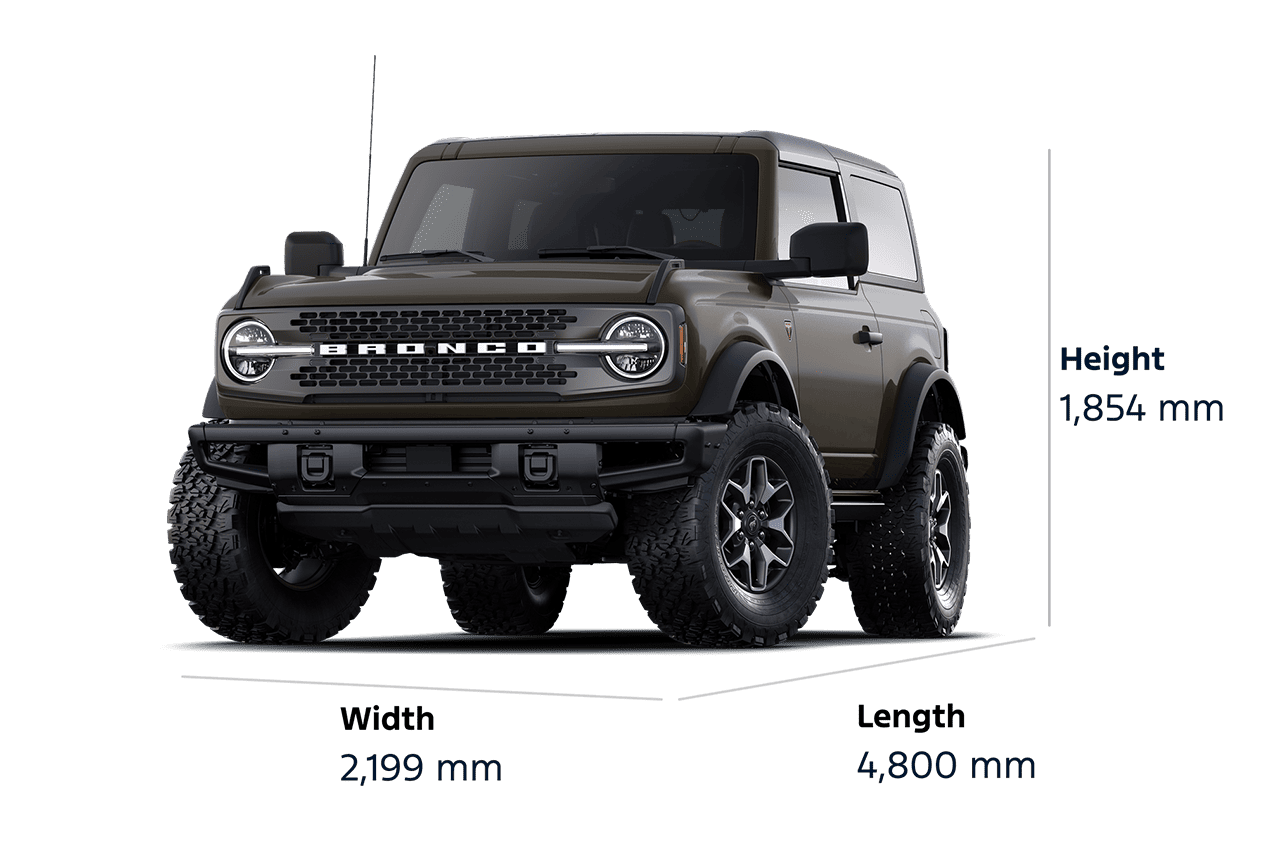 A 2025 Ford Bronco® Badlands® SUV, showing a height of 1,854 mm, a width of 2,199 mm, and a length of 4,800 mm