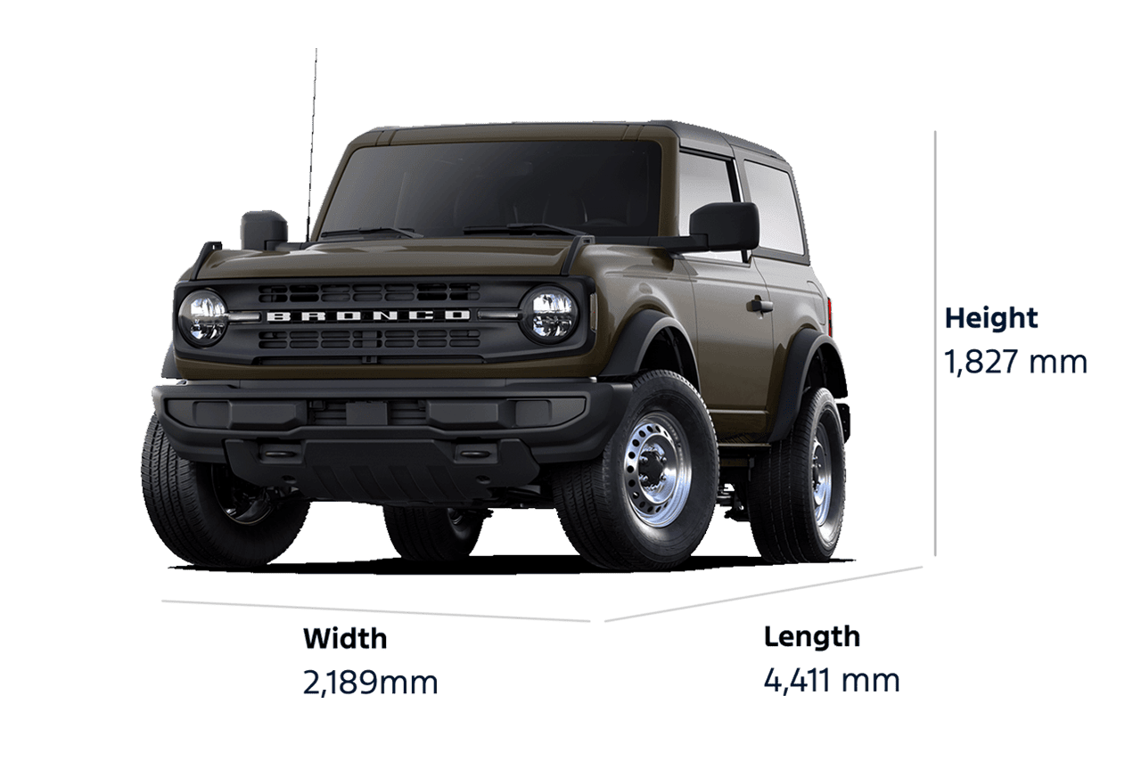 A 2025 Ford Bronco® base model SUV, showing a height of 1,827 mm, a width of 2,189 mm, and a length of 4,411 mm