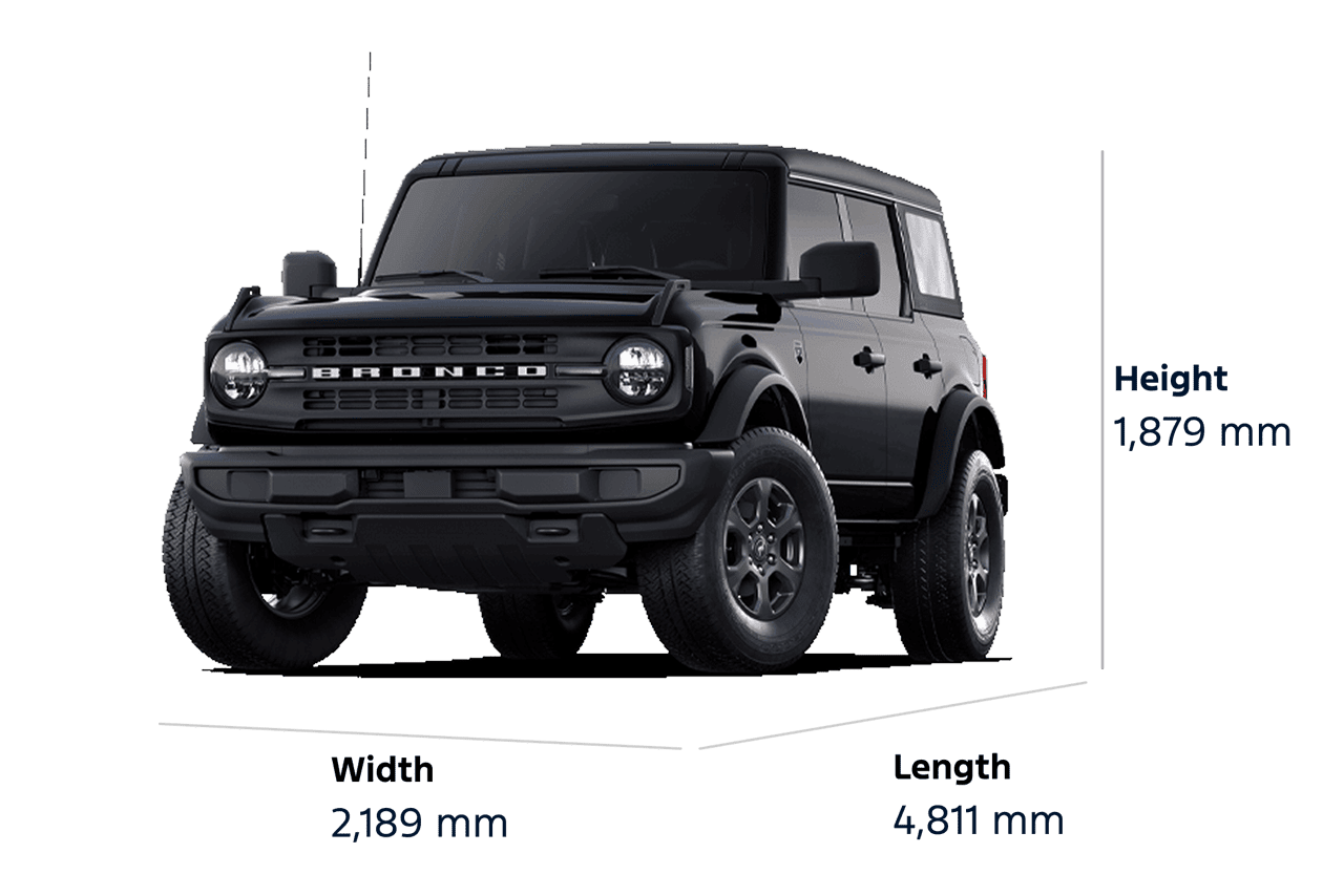 A 2025 Ford Bronco® Big Bend® SUV, showing a height of 1,879 mm, a width of 2,189 mm, and a length of 4,811 mm