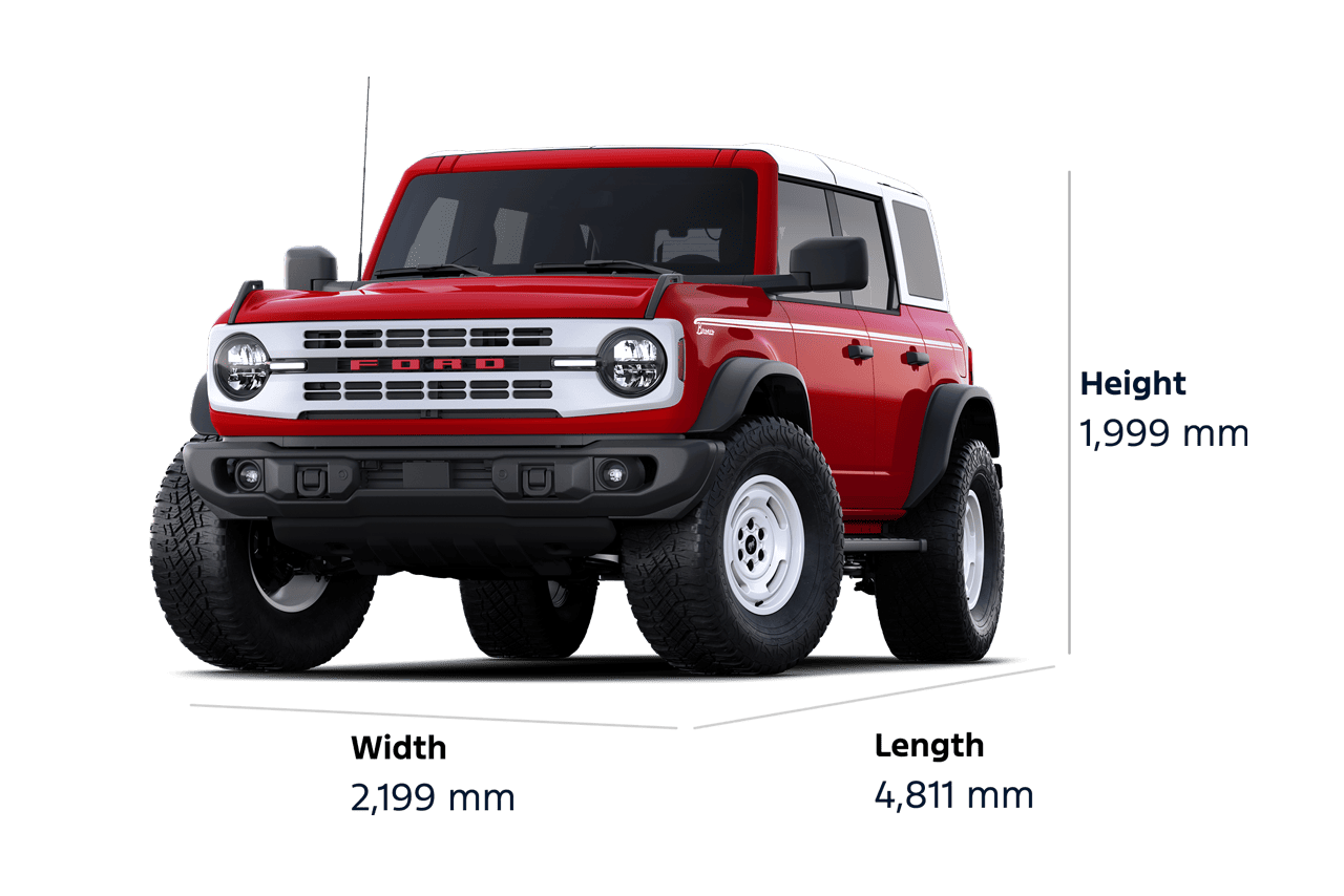 A 2025 Ford Bronco® Heritage Edition SUV, showing a height of 1,999 mm, a width of 2,199 mm, and a length of 4,811 mm