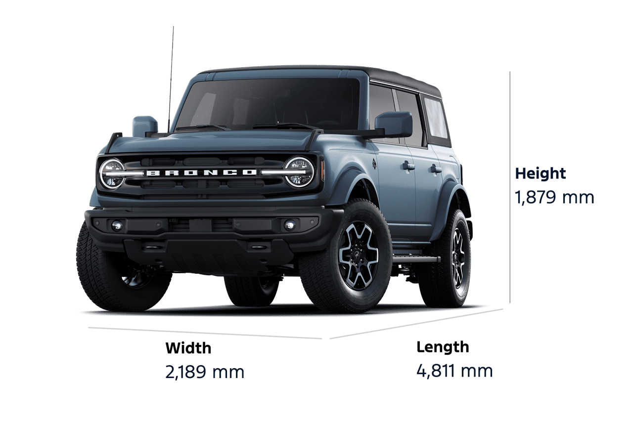 A 2025 Ford Bronco® Outer Banks® SUV, showing a height of 1,879 mm, a width of 2,189 mm, and a length of 4,811 mm