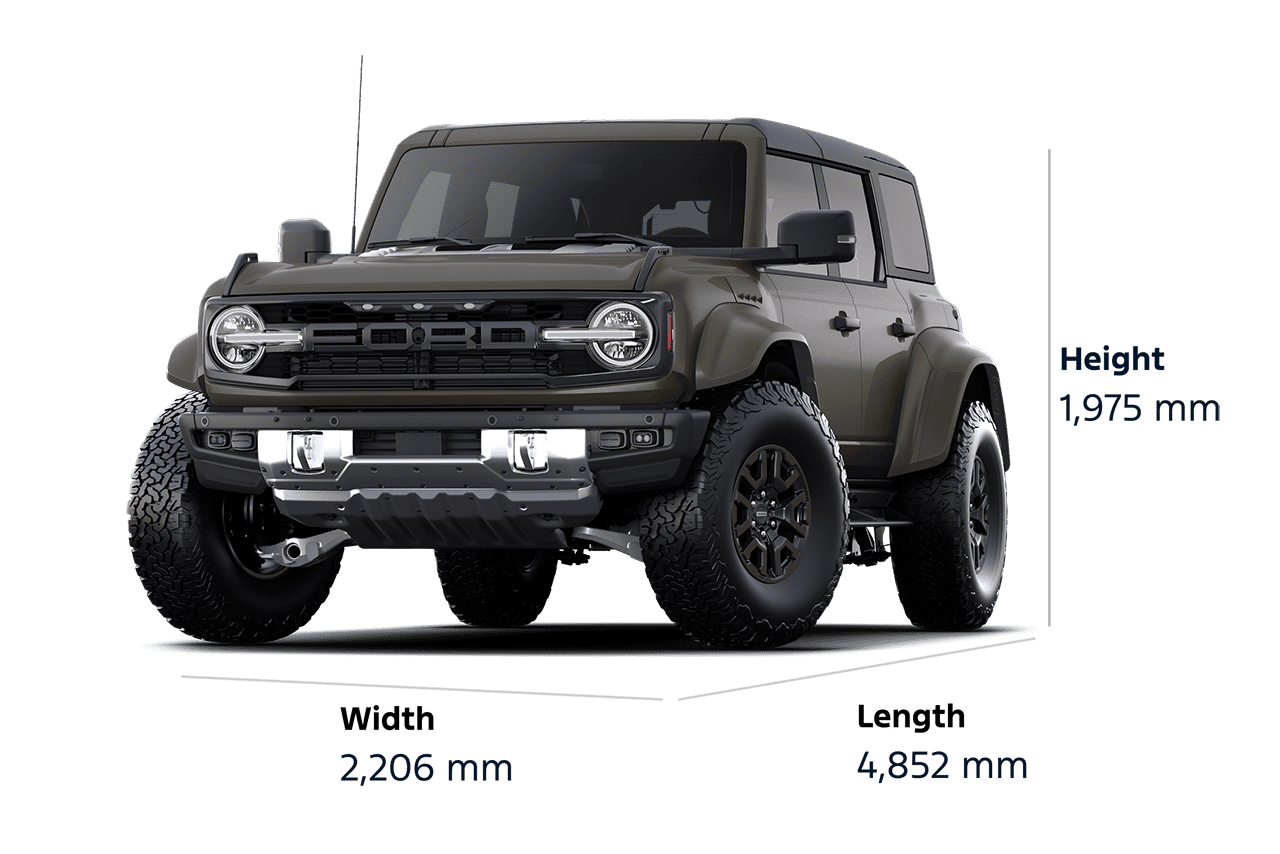 A 2025 Ford Bronco® Raptor® SUV, showing a height of 1,975 mm, a width of 2,206 mm, and a length of 4,852 mm