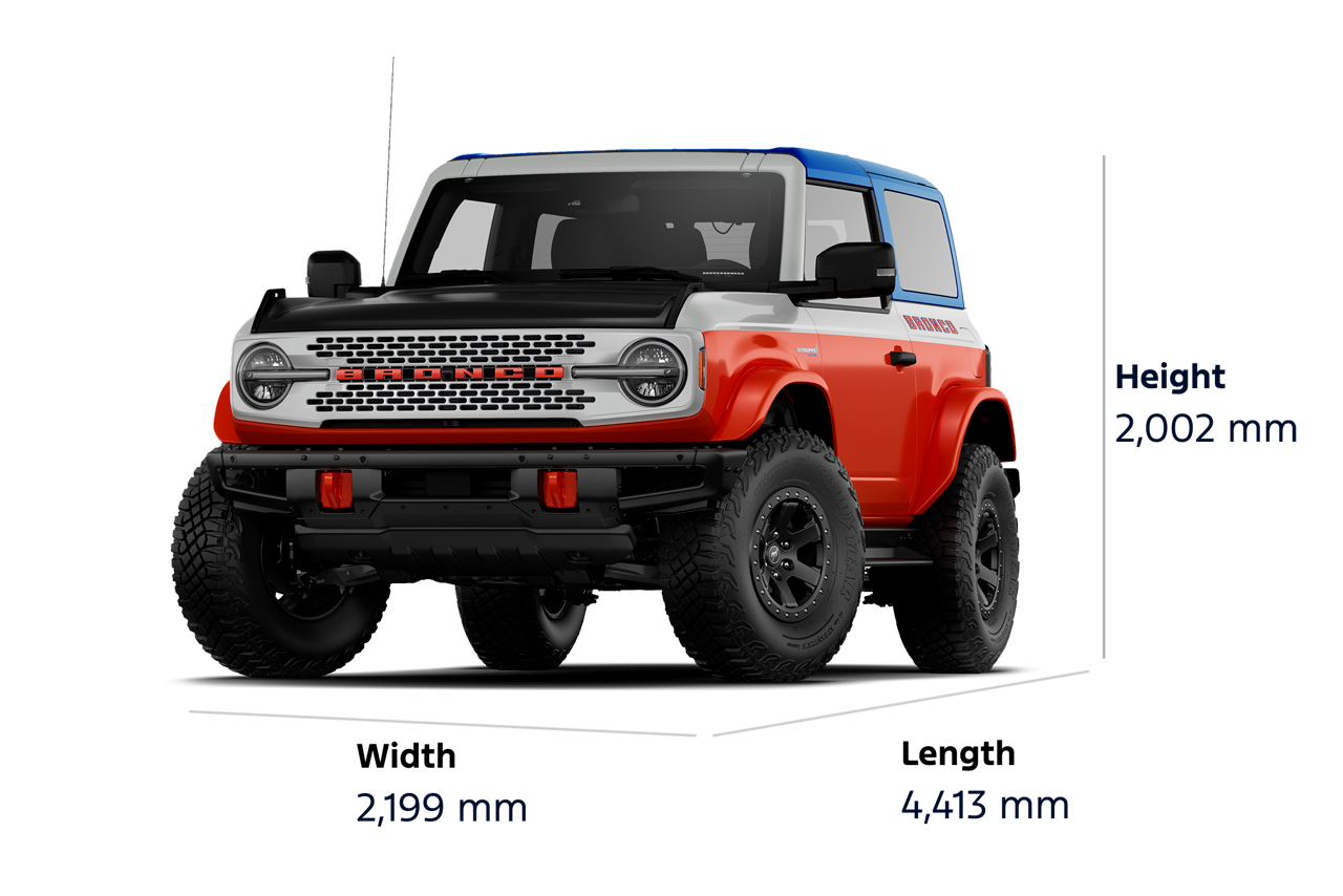 Dimension diagram for a 2025 Ford Bronco® Stroppe Edition SUV: height 2,002 mm, width 2,199 mm, length 4,413 mm