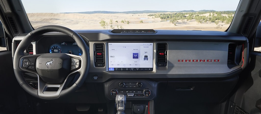 The dashboard of a 2025 Ford Bronco® SUV, showing the 12" centre touchscreen