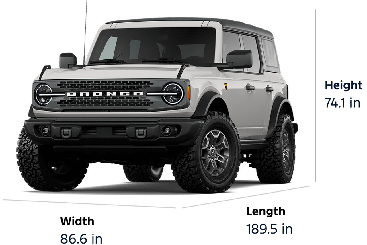 Dimension diagram for a 2026 Ford Bronco® Badlands® SUV: height 1,874.5 mm, width 2,189 mm, length 4,439 mm