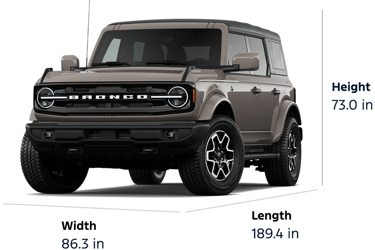 Dimension diagram for a 2026 Ford Bronco® Outer Banks® SUV: height 1,851 mm, width 2,189 mm, length 4,802 mm
