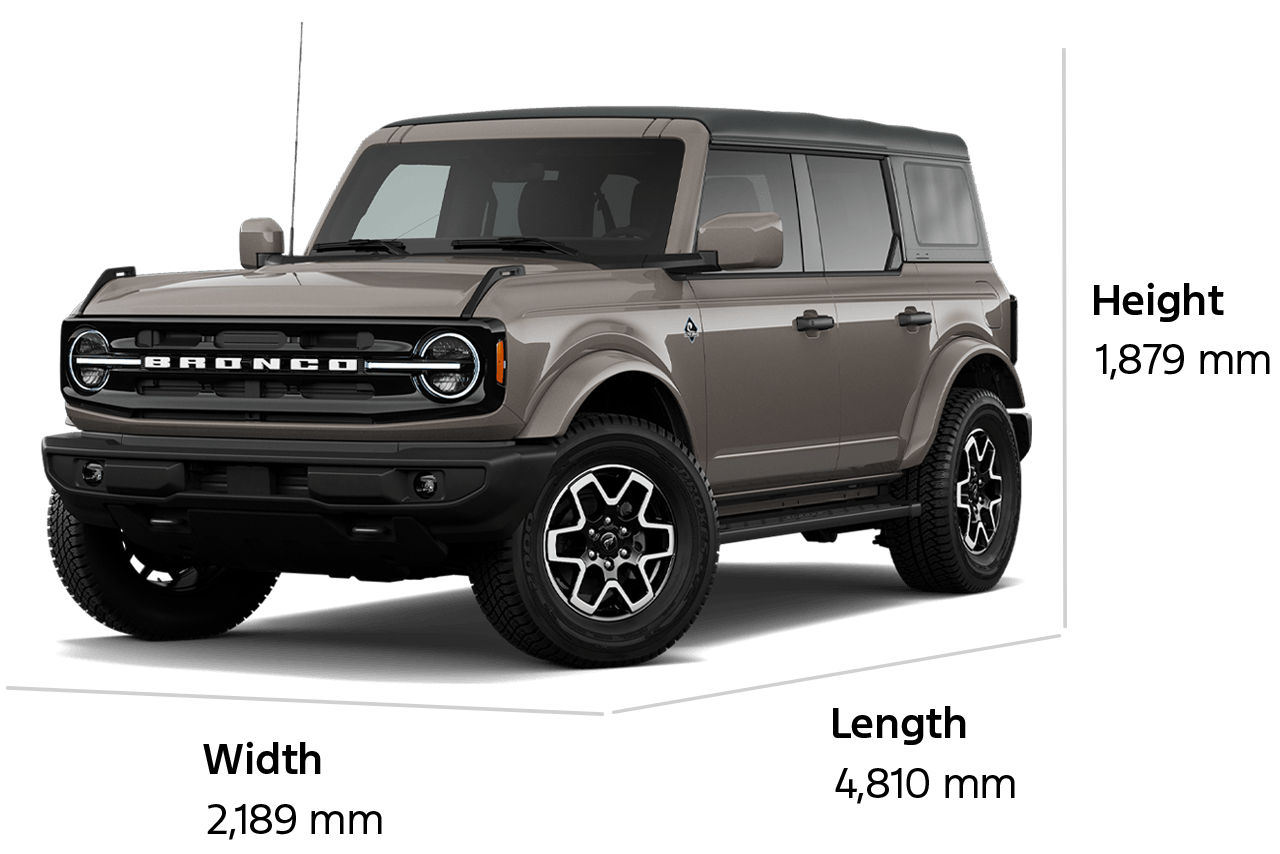 Dimension diagram for a 2026 Ford Bronco® Outer Banks® SUV: height 1,851 mm, width 2,189 mm, length 4,802 mm