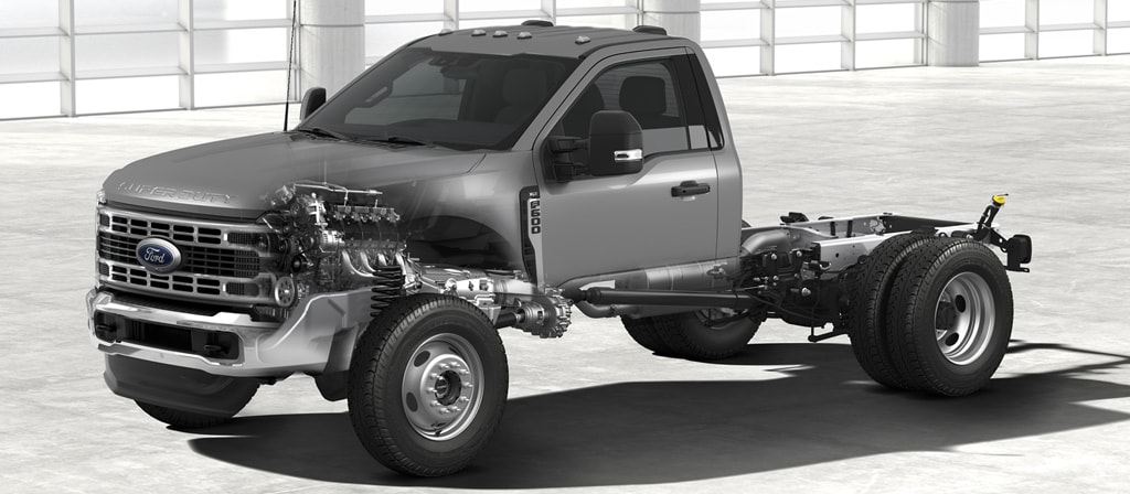 Cutaway illustration of a 2026 Ford Super Duty® Chassis Cab showing engine and drivetrain
