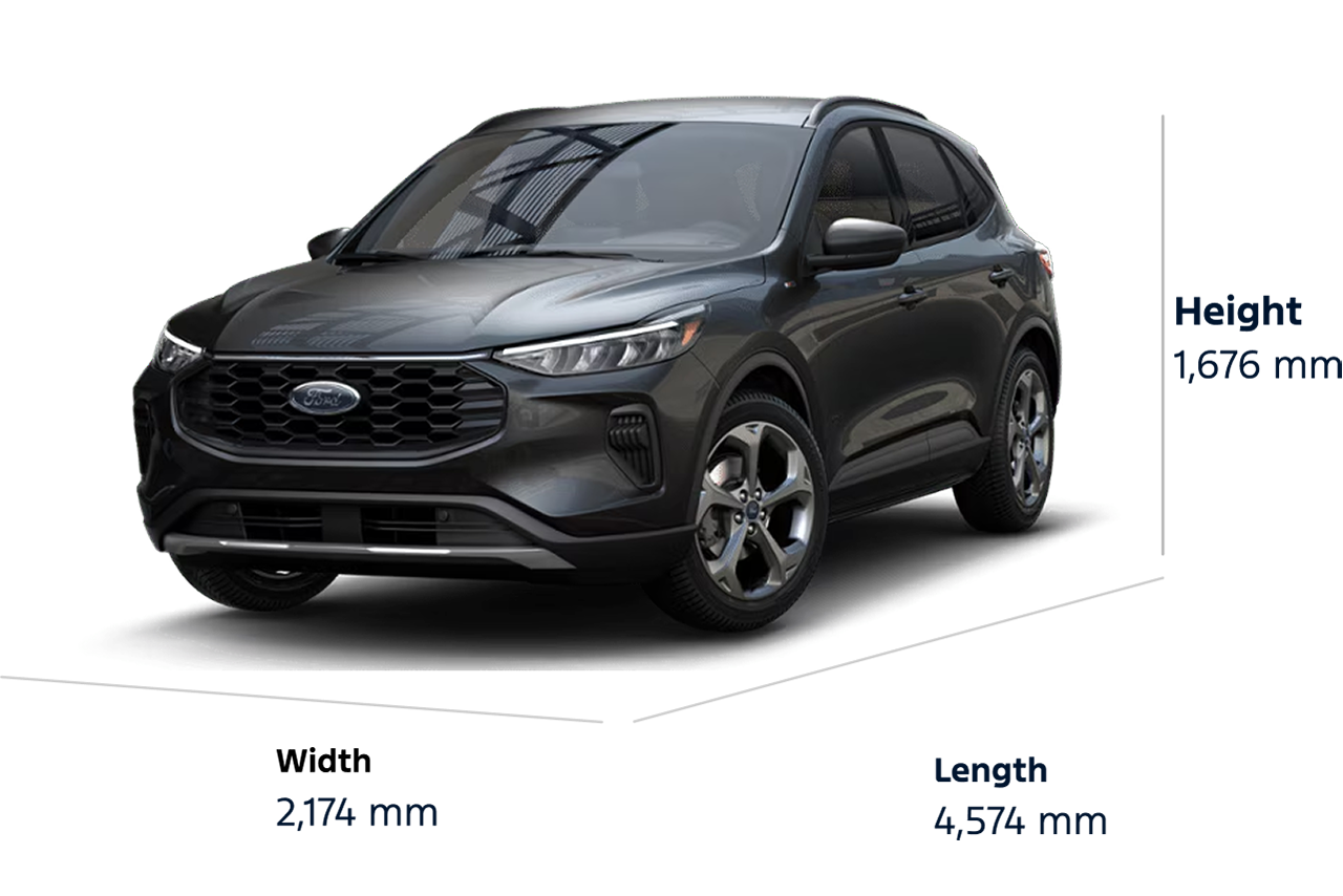 2025 Ford Escape® ST-Line model dimensions, Length: 4,574 mm., Height: 1,676 mm, Width: 2,174 mm