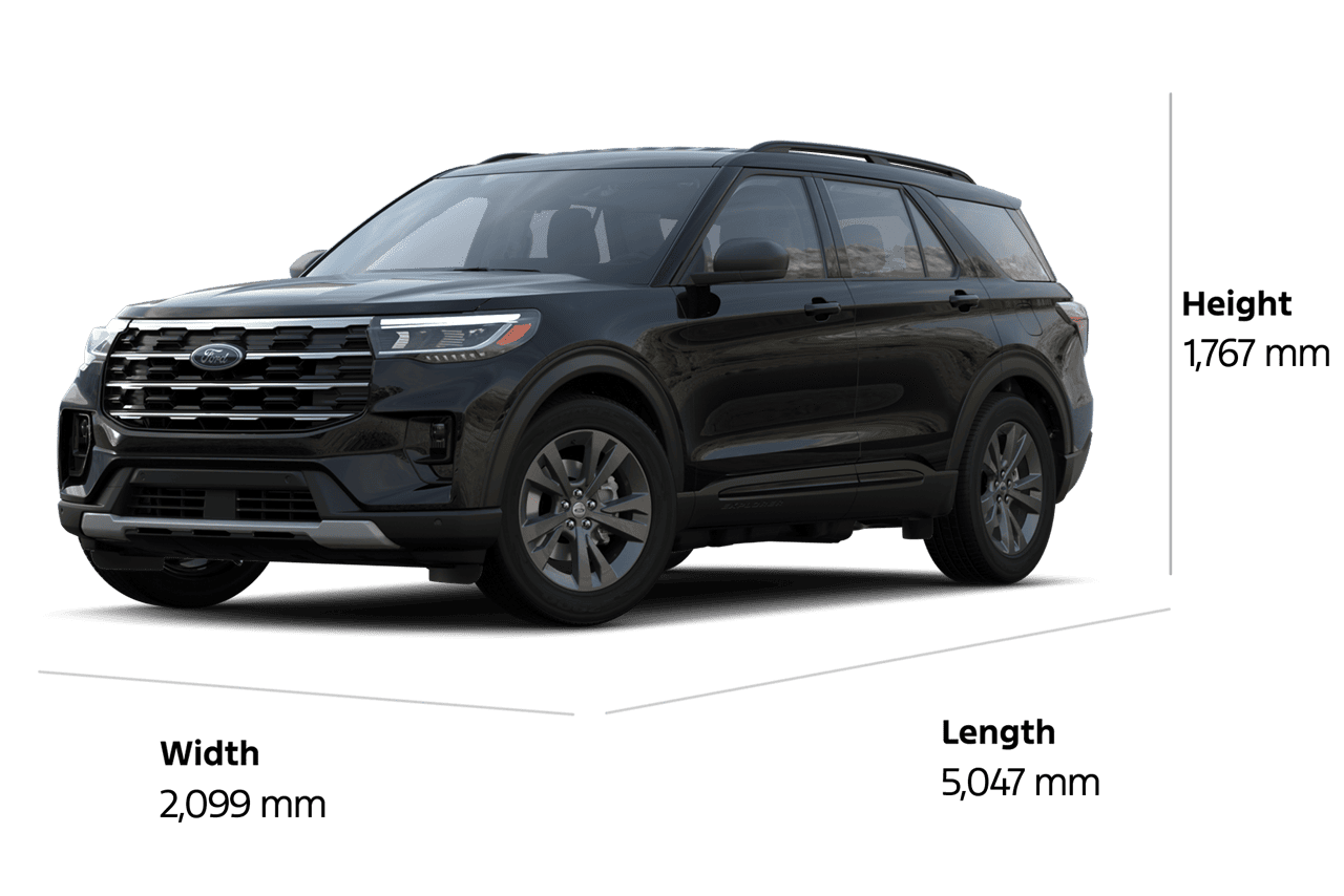 2025 Ford Explorer® Active™ SUV in Agate Black Metallic showing the width, length, and height in millimetres