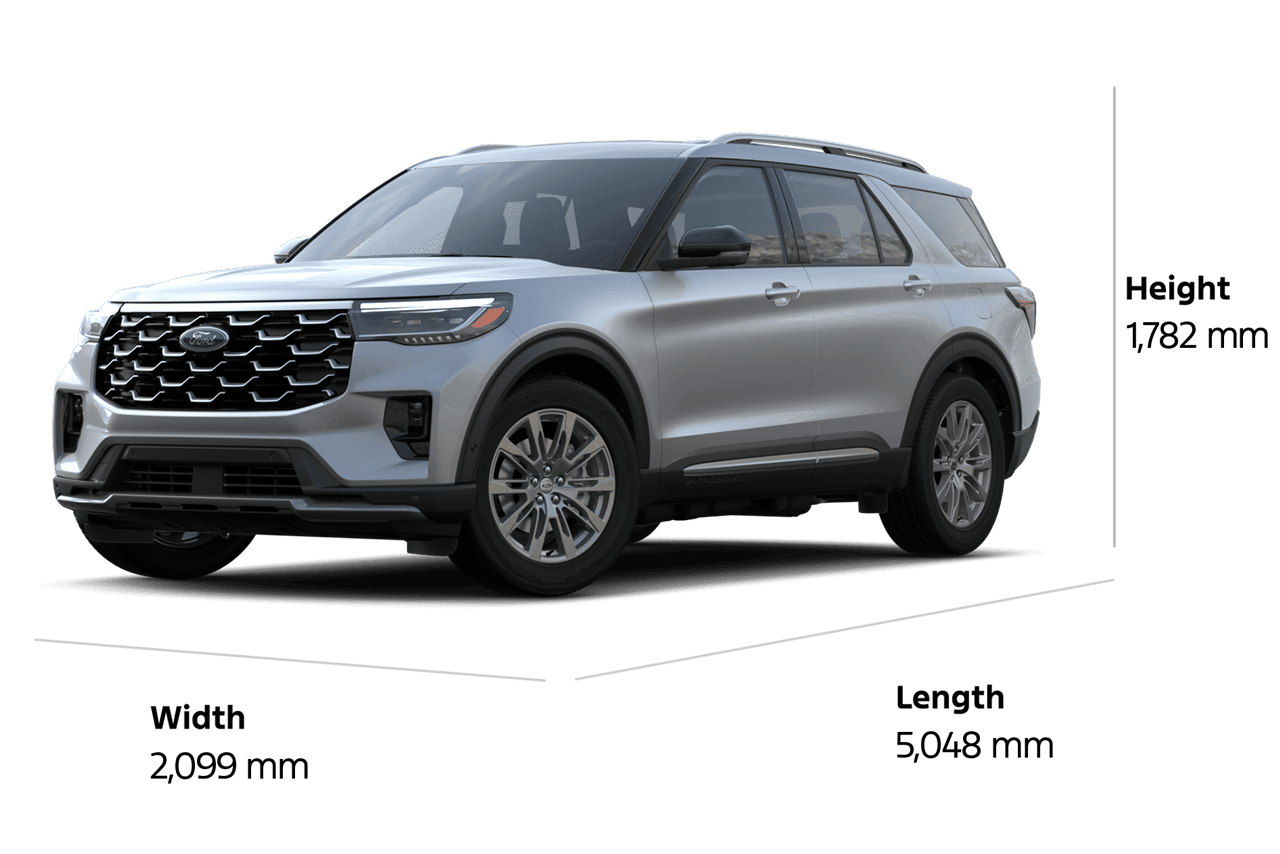The 2025 Ford Explorer® Platinum SUV in Space White shows the width, length, and height in millimetres