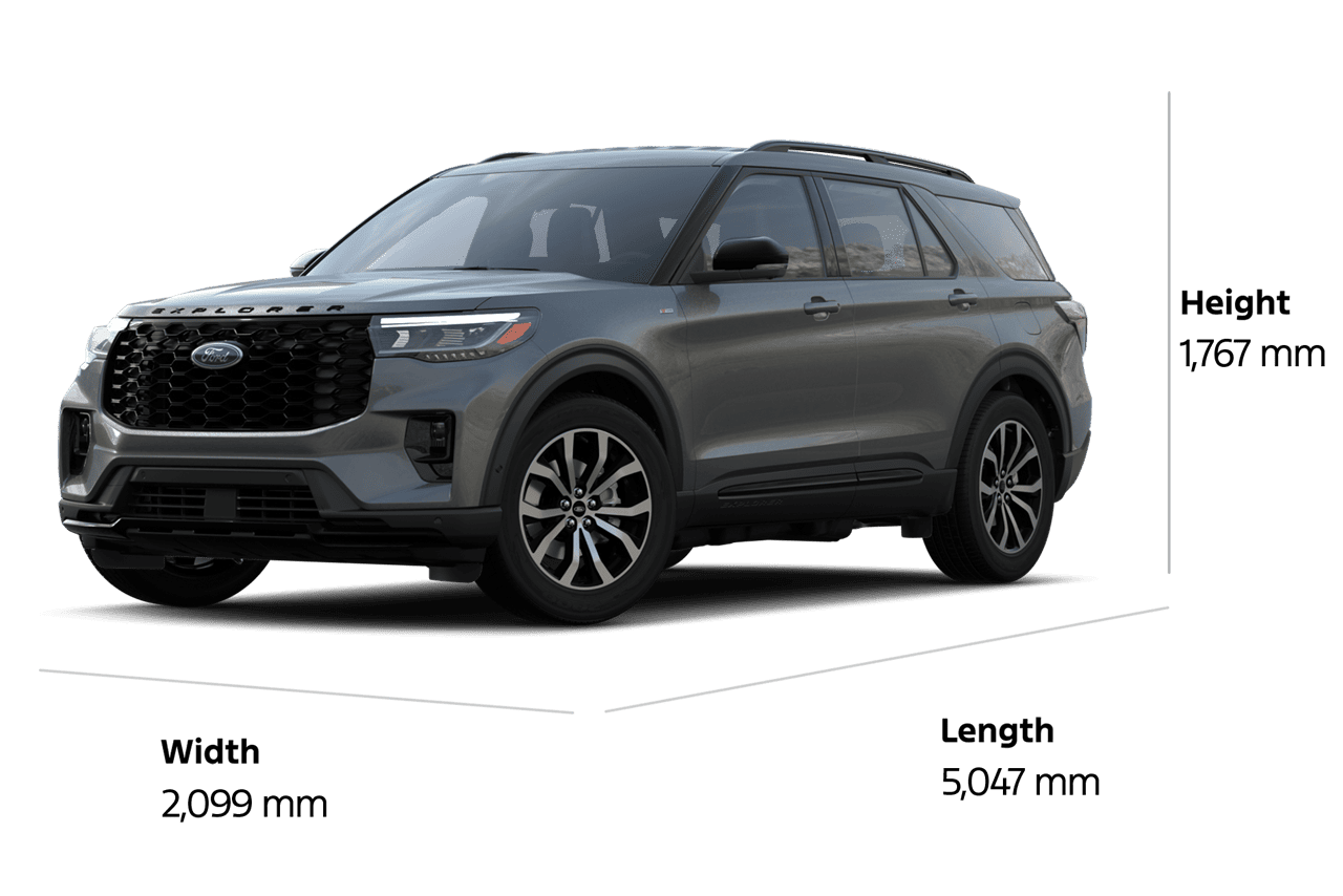2025 Ford Explorer® ST-Line SUV in Carbonized Grey Metallic showing the width, length, and height in millimetres