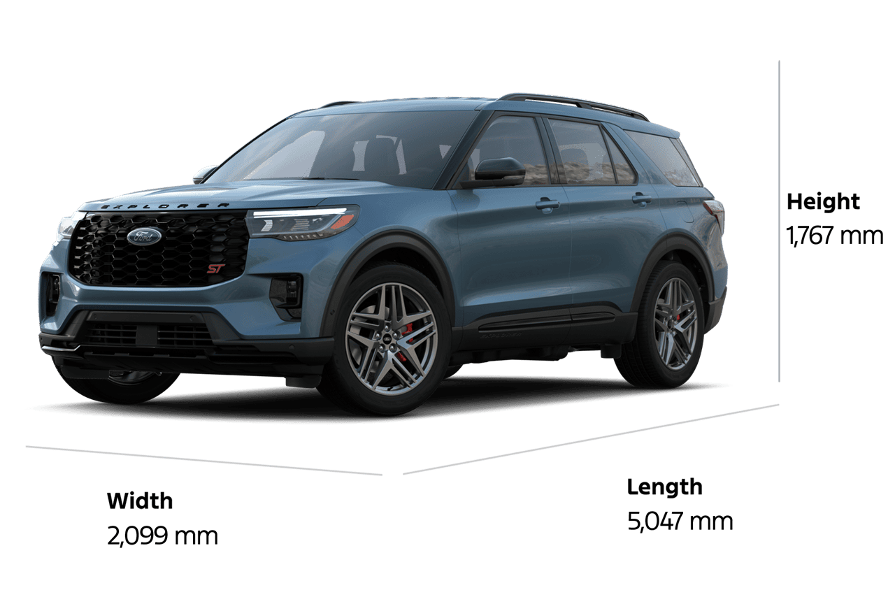 2025 Ford Explorer® ST SUV in Vapour Blue Metallic showing the width, length, and height in millimetres