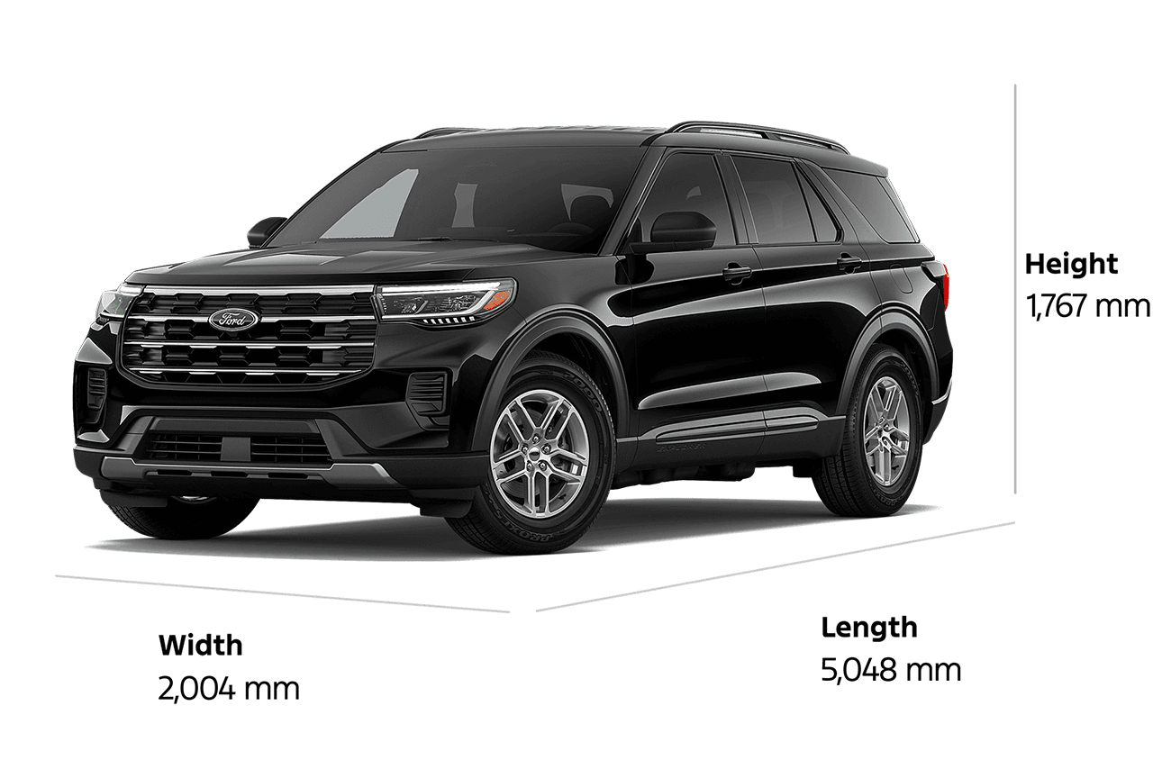 A 2026 Ford Explorer® Active SUV with a length of 5,048 mm, a width of 2,004 mm, and a height of 1,767 mm