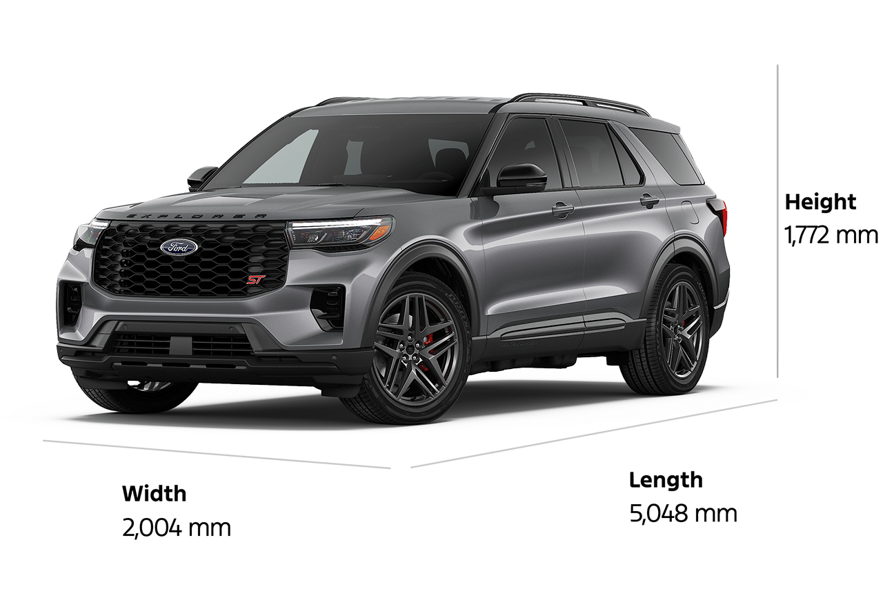 A 2026 Ford Explorer® ST SUV with a length of 5,048 mm, a width of 2,004 mm, and a height of 1,772 mm