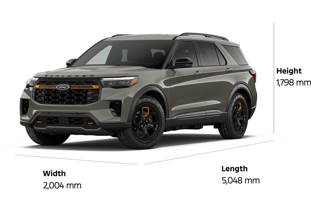 A 2026 Ford Explorer® Tremor® SUV with a length of 5,048 mm, a width of 2,004 mm, and a height of 1,798 mm