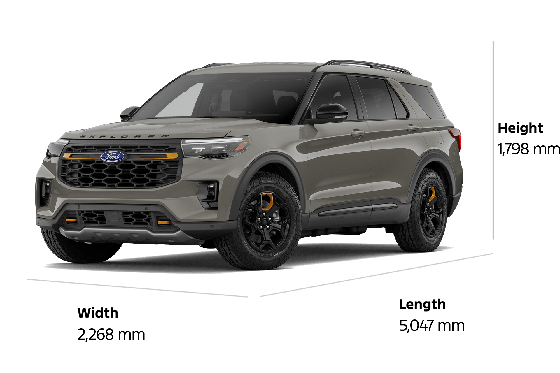 A 2027 Ford Explorer® Tremor® SUV with a length of 5,047 mm, a width of 2,268 mm, and a height of 1,798 mm