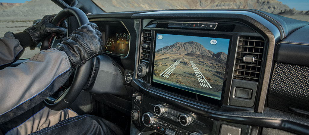 Interior of a 2025 Ford F-150® Raptor® truck showing the 12" display screen