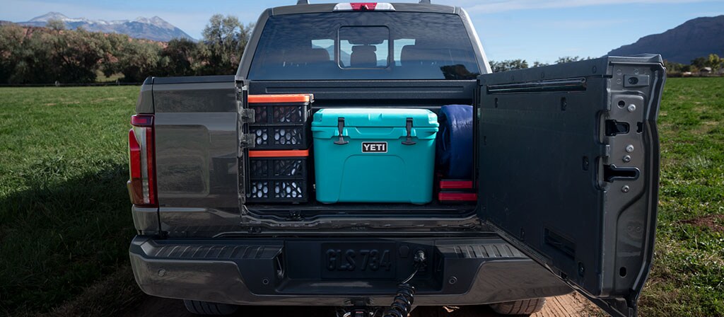 Rear view of a 2025 Ford F-150® pickup with the Pro Access Tailgate open showing items in the truck bed