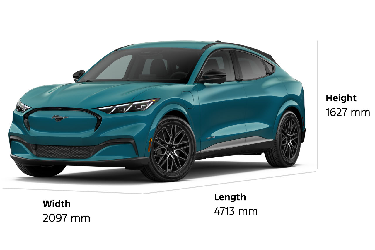 2026 Ford Mustang Mach-E® Premium model with length, width, and height dimensions displayed