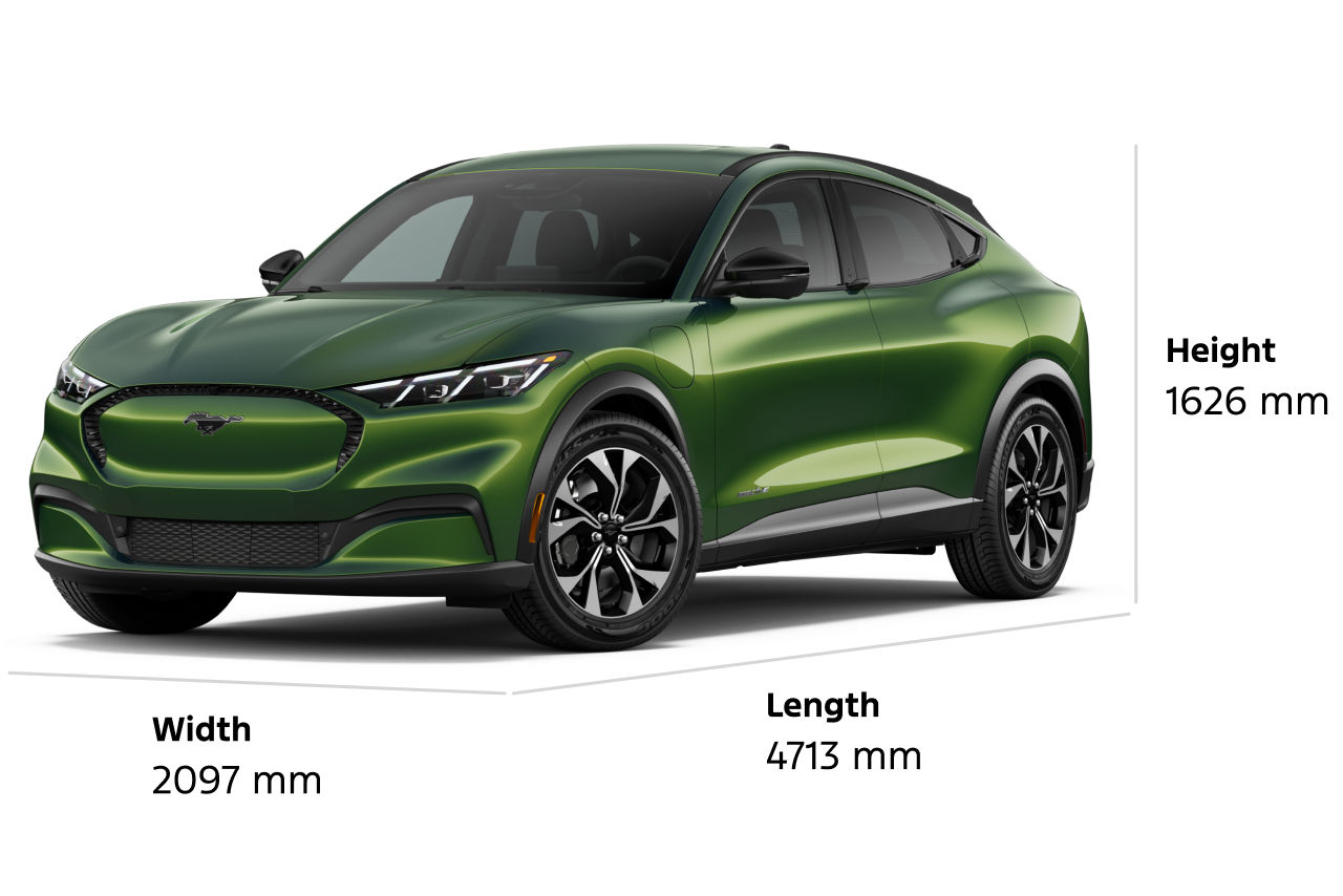 2026 Ford Mustang Mach-E® Select model with length, width, and height dimensions displayed