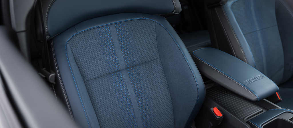 Blue and silver stitching on the seats of the 2026 Ford Mustang Mach-E® SUV with the California Special Package