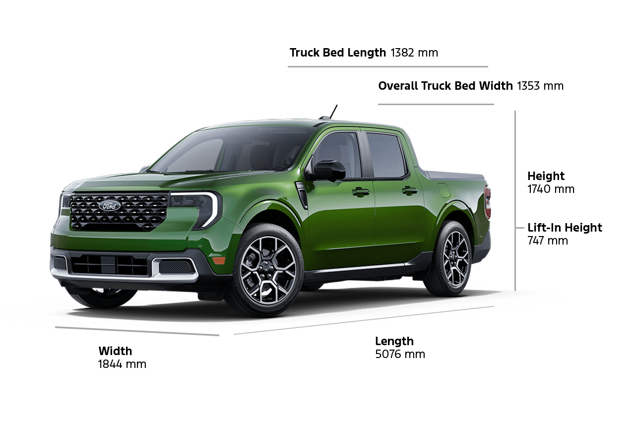 A 2025 Ford Maverick® LARIAT®, length 199.8-inch, width 72.6-inch, height 68.3-inch, lift-in height 29.4-inch, bed length 54.4-inch, bed width 53.3-inch