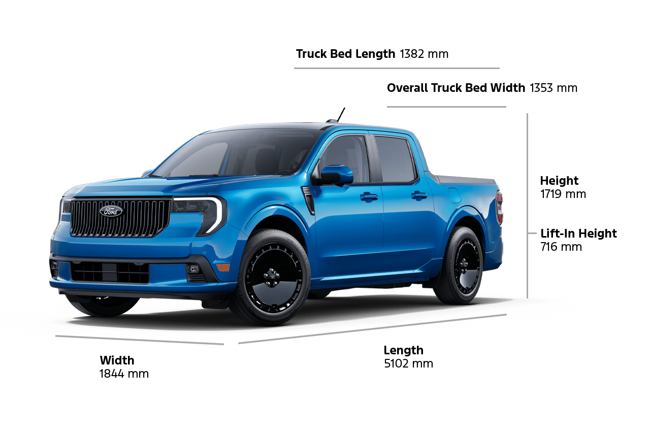 A 2025 Ford Maverick® Lobo™, length 200.9-inch, width 72.6-inch, height 67.7-inch, lift-in height 28.2-inch, bed length 54.4-inch, bed width 53.3-inch