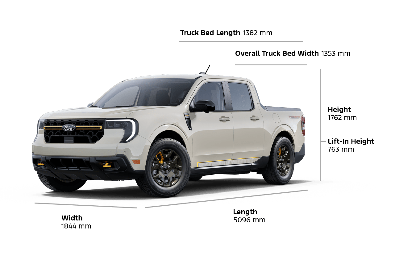 A 2025 Ford Maverick® Tremor®, length 200.6-inch, width 72.6-inch, height 69.4-inch, lift-in height 30.0-inch, bed length 54.4-inch, bed width 53.3-inch
