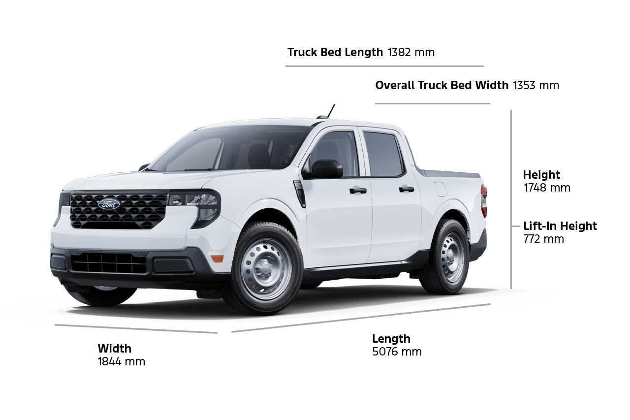 A 2025 Ford Maverick® XL, length 199.8-inch, width 72.6-inch, height 68.8-inch, lift-in height 30.4-inch, bed length 54.4-inch, bed width 53.3-inch
