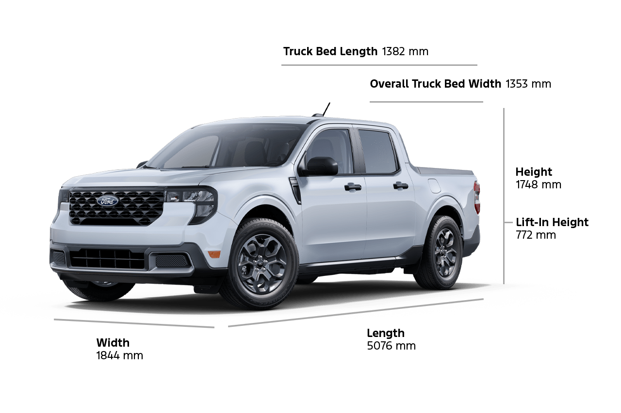 A 2025 Ford Maverick® XLT, length 199.8-inch, width 72.6-inch, height 68.8-inch, lift-in height 29.4-inch, bed length 54.4-inch, bed width 53.3-inch