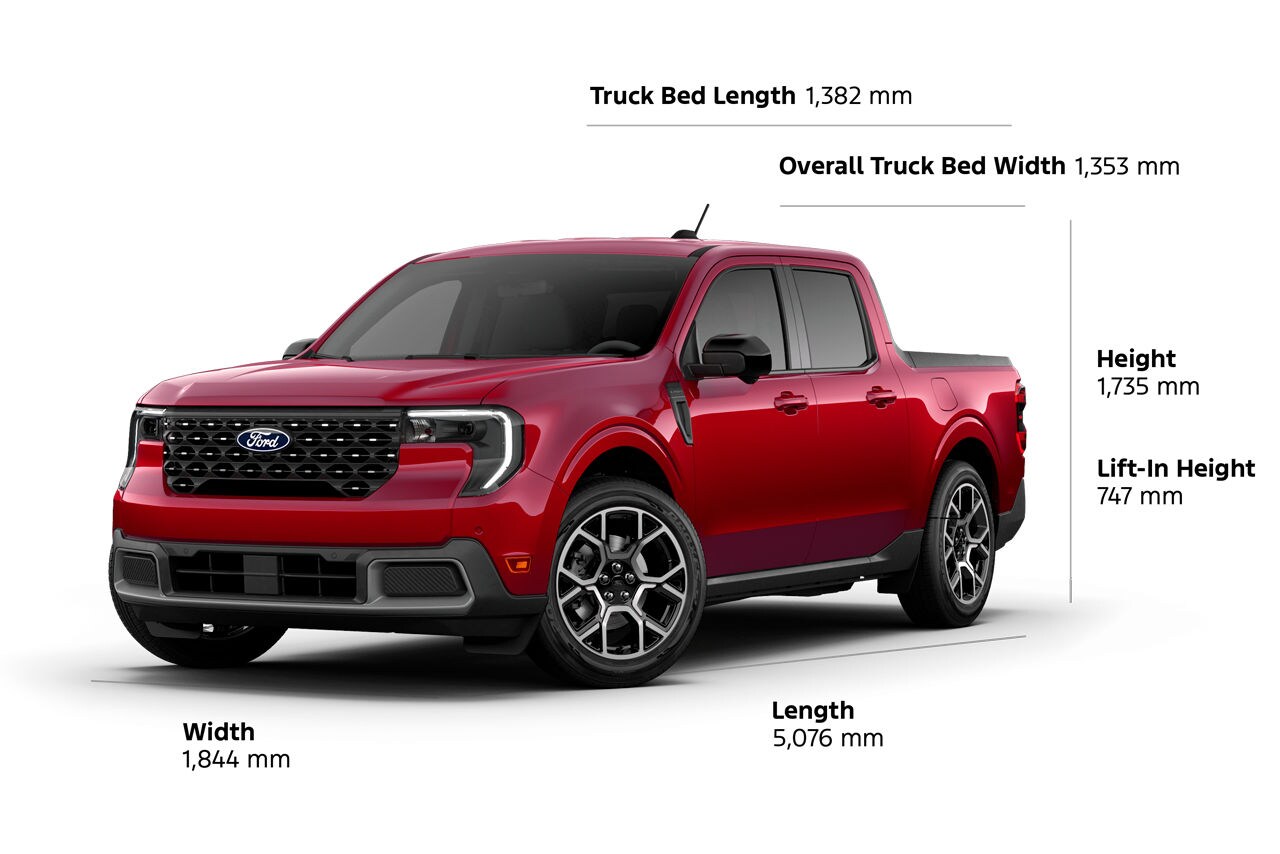 2026 Ford Maverick® Lariat® length 5076mm width 1844mm height 1735mm, lift-in height 747mm bed length 1382mm bed width 1353mm