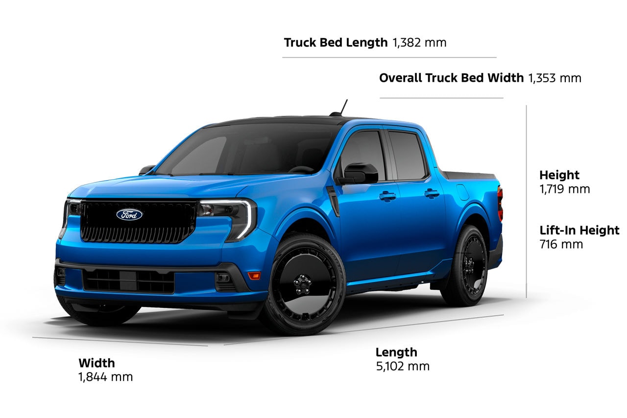 2026 Ford Maverick® Lobo™ length 5102mm width 1844mm height 1719mm, lift-in height 716mm, bed length 1382mm, bed width 1353mm