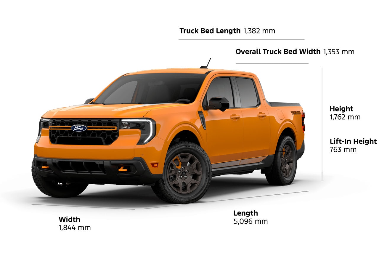 2026 Ford Maverick® Tremor® length 5096mm width 1844mm height 1762mm lift-in height 763mm bed length 1382 mm bed width 1353mm