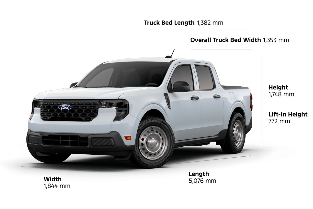 2026 Ford Maverick® XL length 5076mm, width 1844mm, height 1748mm, lift-in height 772mm, bed length 1382mm, bed width 1353mm