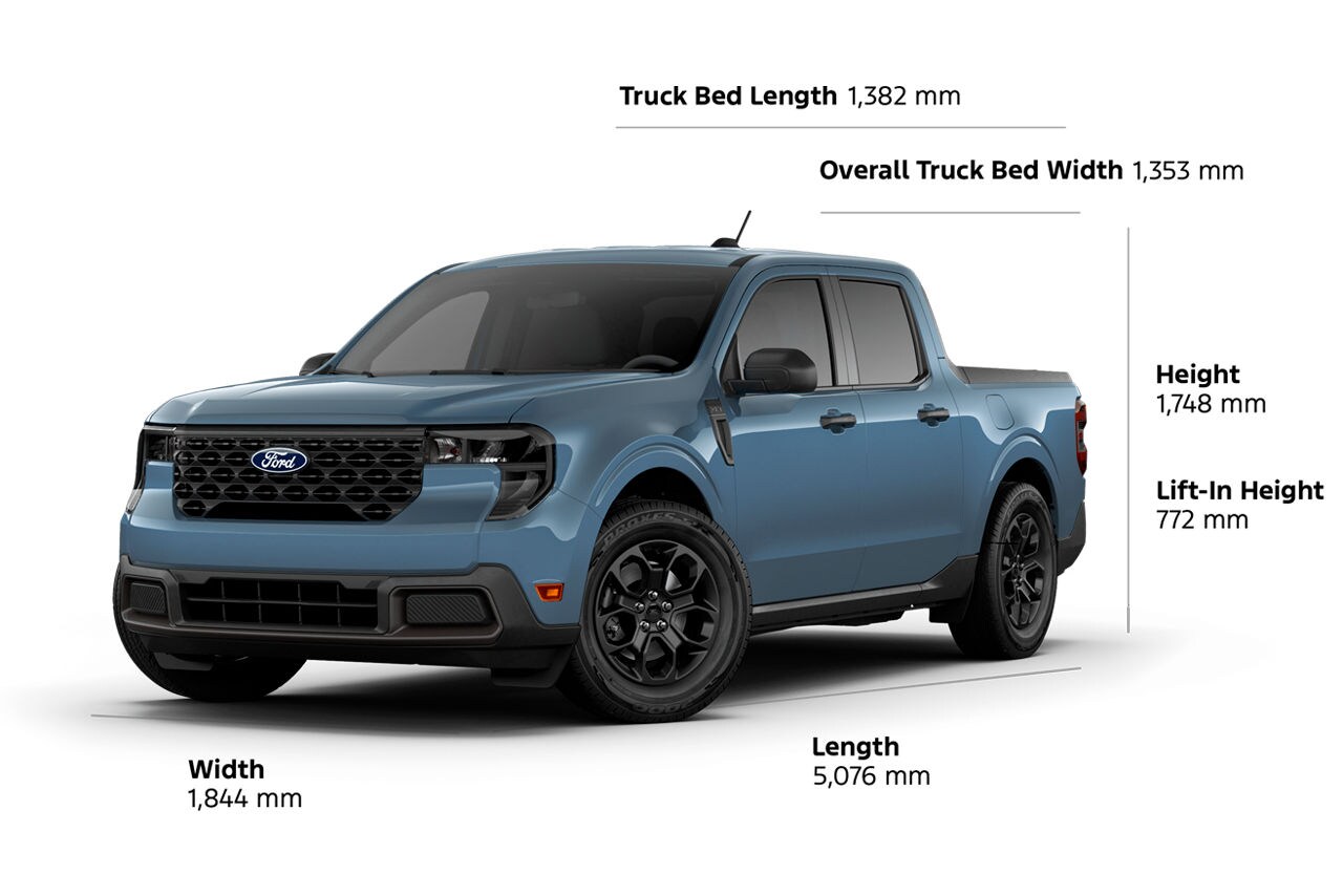 2026 Ford Maverick® XLT length 5076mm, width 1844mm, height 1748mm, lift-in height 772mm, bed length 1382mm, bed width 1353mm