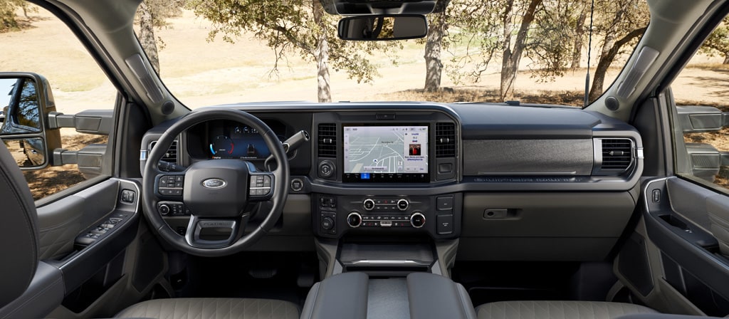 Dashboard interior view of the 2026 Ford Super Duty® F-350® with the Platinum® Plus Package