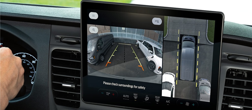 Close-up of the 2025 Ford Transit® Van 360-Degree Camera split screen view