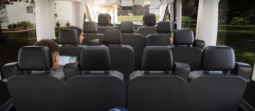 Seating for up to 15 passengers inside a 2026 Ford Transit® van