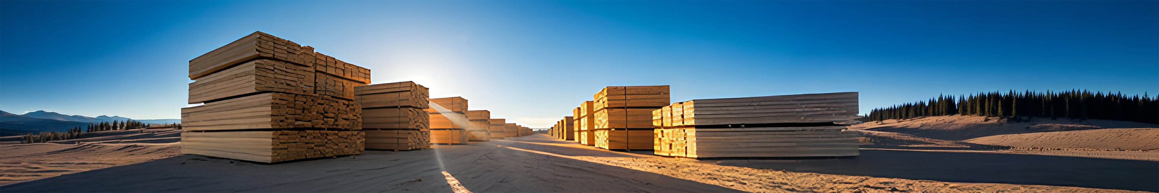 Piles of stacked lumber at an outdoor industrial yard under a clear blue sky