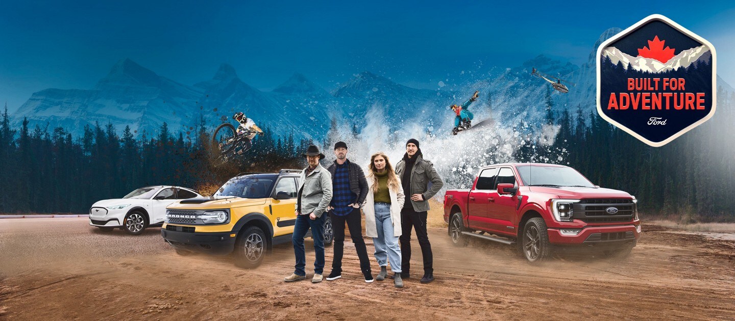 A Ford F-150, Bronco Sport and Mustang Mach-E with people. Built For Adventure.