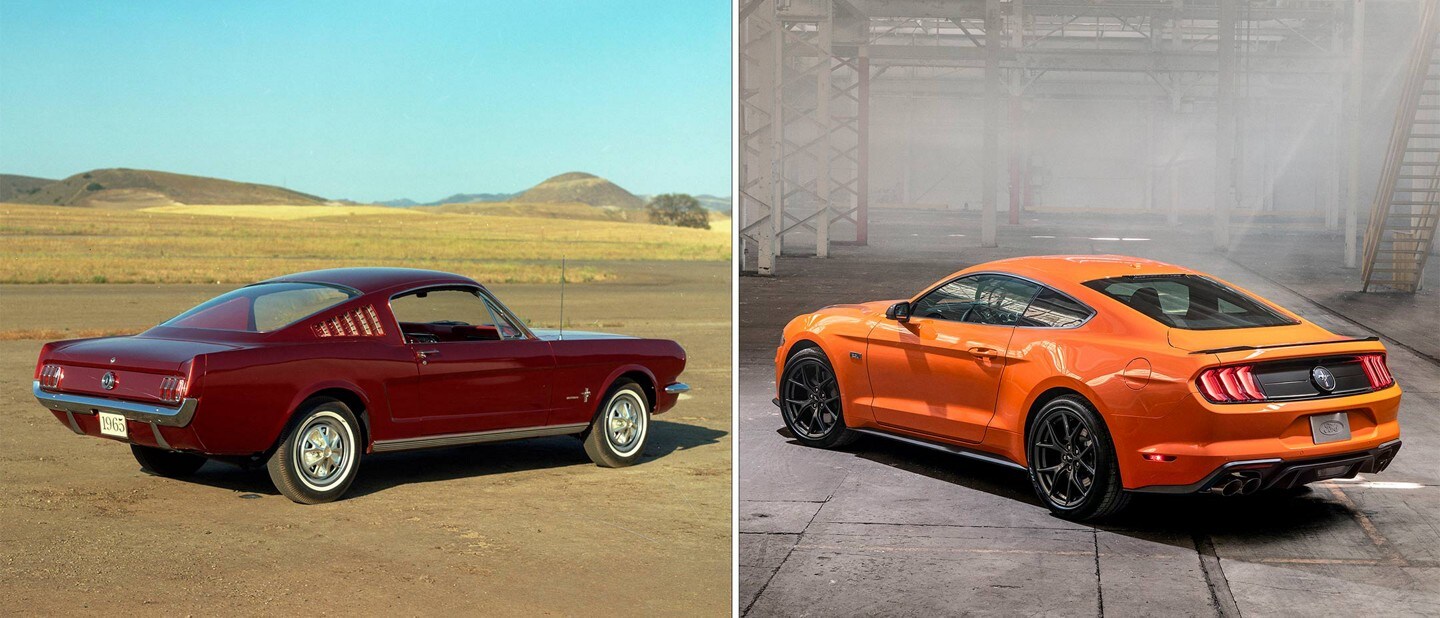 Split image of a 1965 and 2021 Ford® Mustang Fastback