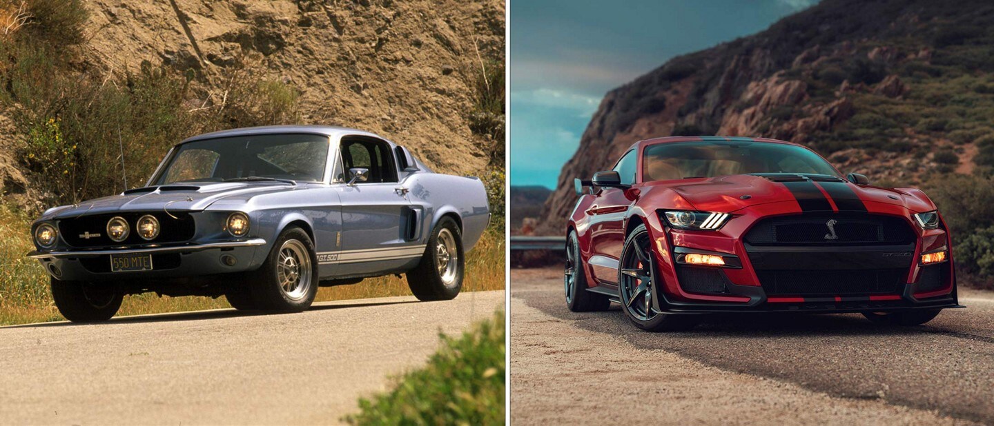Split view of a 1967 and 2021 Ford® Mustang GT500™