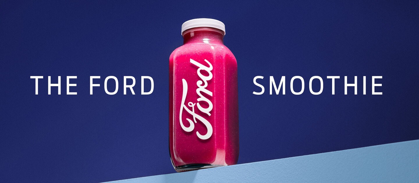 The Ford Smoothie. A red plastic juice bottle containing a red liquid with the Ford logo in white.