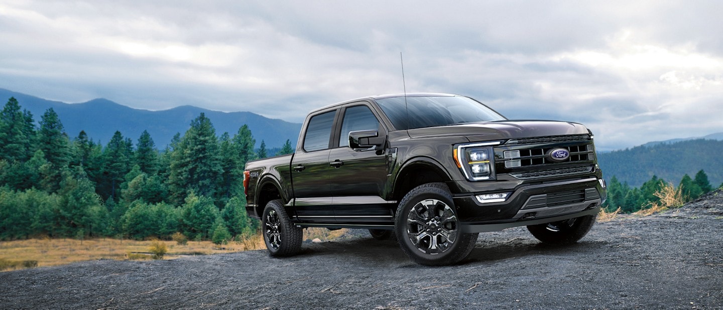 A 2022 F 150 parked on rugged terrain with forested mountain range scenery in the background.