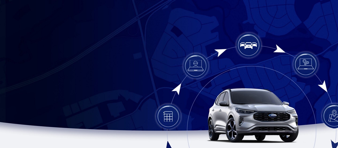 Shopping tools icons surrounding a Ford vehicle on a blue background